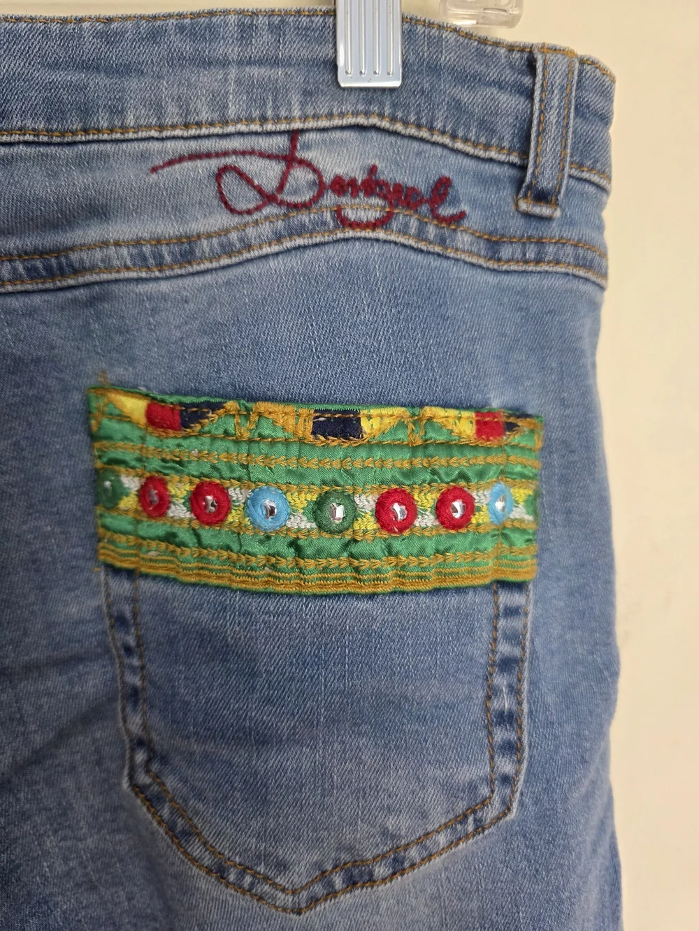 Desigual Light Blue Skinny Jeans with Colorful Embroidered Cuffs